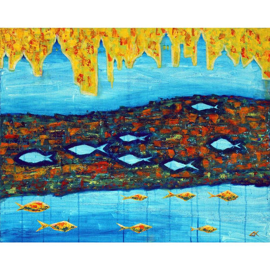 Abstract Artwork With Blue Towers & Fishes Canvas Painting Synthetic Frame