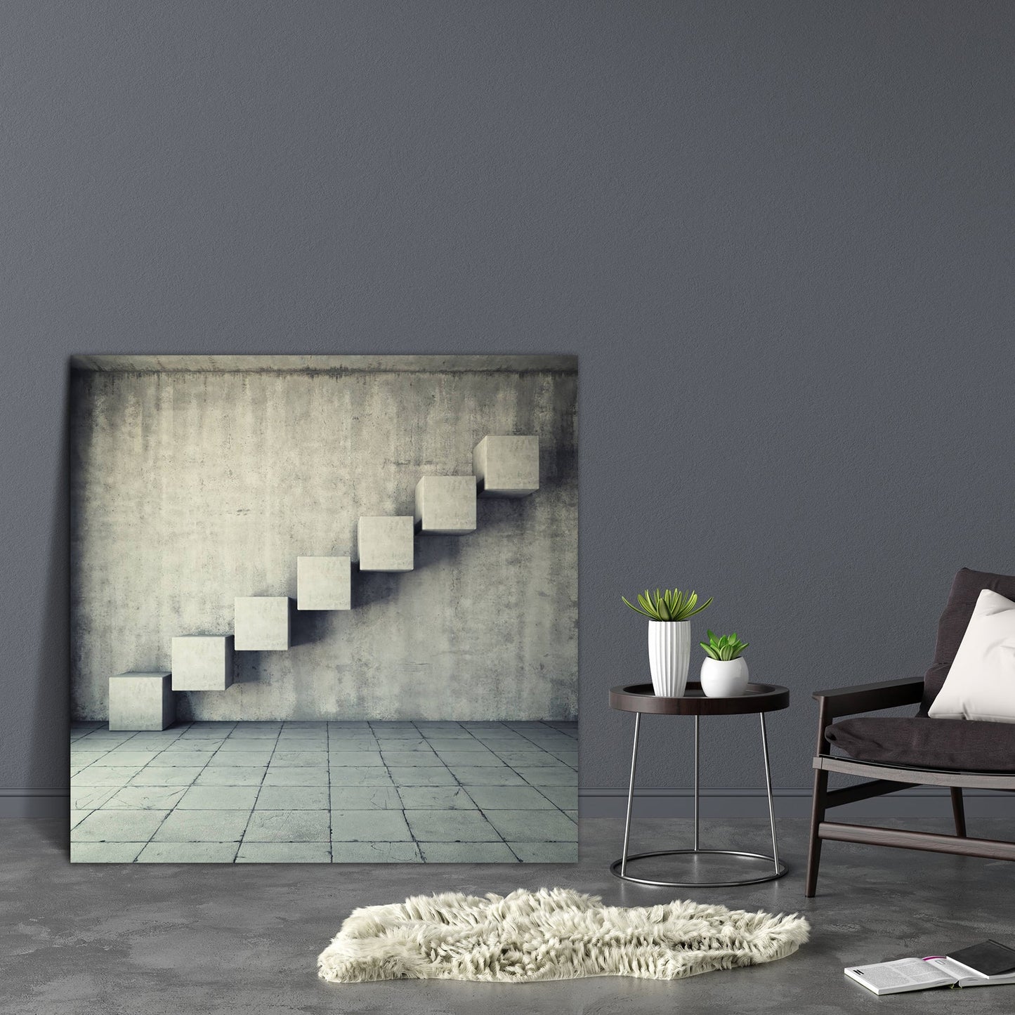 Abstract Concrete Staircase D2 Canvas Painting Synthetic Frame
